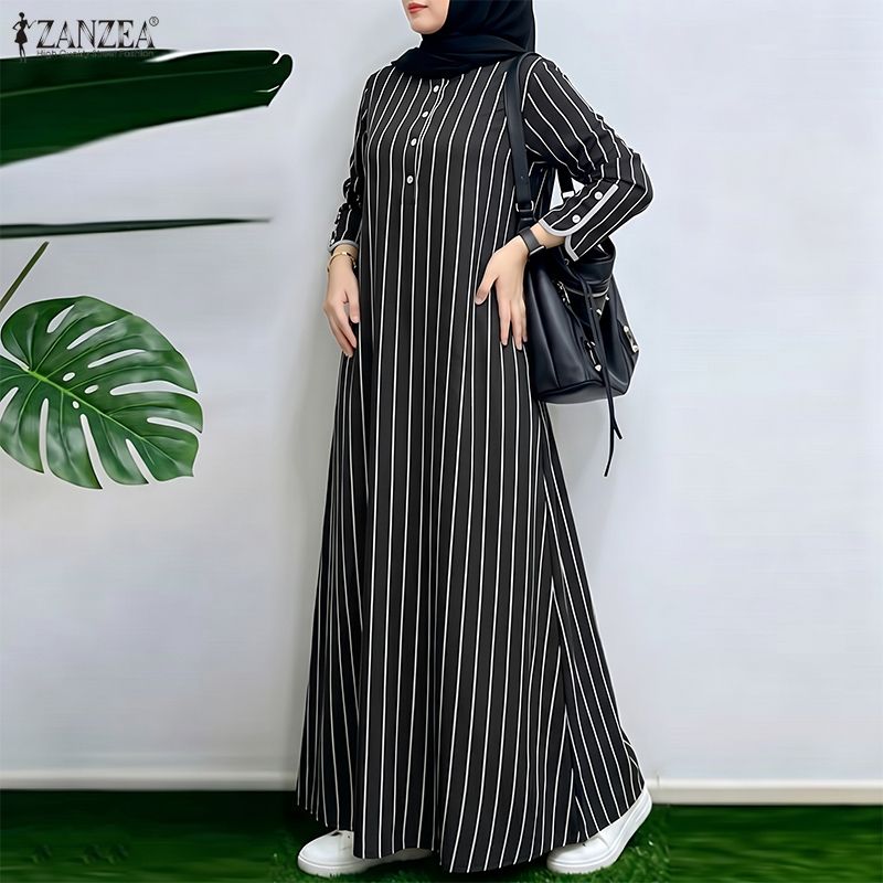 Abaya Modest Wear - イスラム教徒の控えめなストライプ柄マキシドレス女性カジュアルルーズ O ネック長袖コントラストトリムアバヤローブ ZANZEA イスラムヒジャービスカフタン