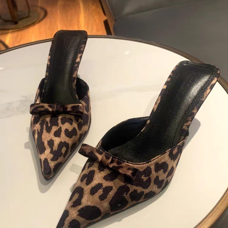 Ethnic Fashion In - レディース レオパード柄 ポインテッドトゥ ハイヒールスリッパ おしゃれなリボン付きスティレットスリッパ エレガントなパーティードレスサンダル