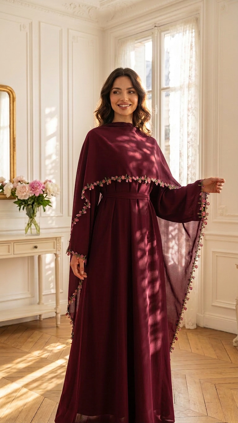 Abaya Modest Wear - エレガントなピンクのレーストリム付きニダ生地のツーピースアラビア風ジャラビーヤセット（ヒジャブ付き）ムスリム女性用ドバイ風控えめなアバヤドレス、イスラム教徒のパーティーウェア