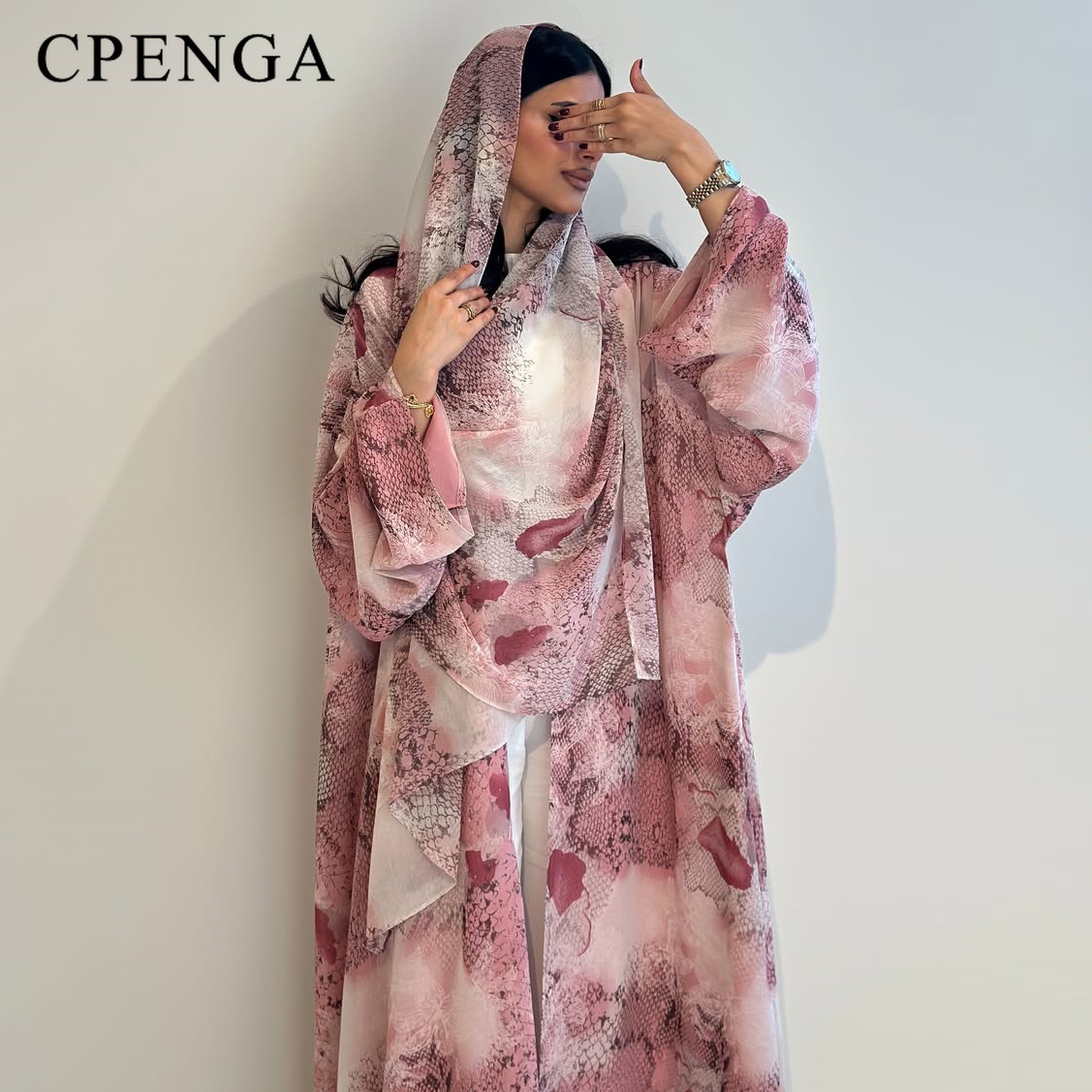 Abaya Modest Wear - 2026年ラグジュアリードバイピンクプリントシフォンオープンアバヤ、ヒジャブ付きムスリムドレス、女性用エレガントで控えめなイブニングパーティーウェア、ロングマキシローブ
