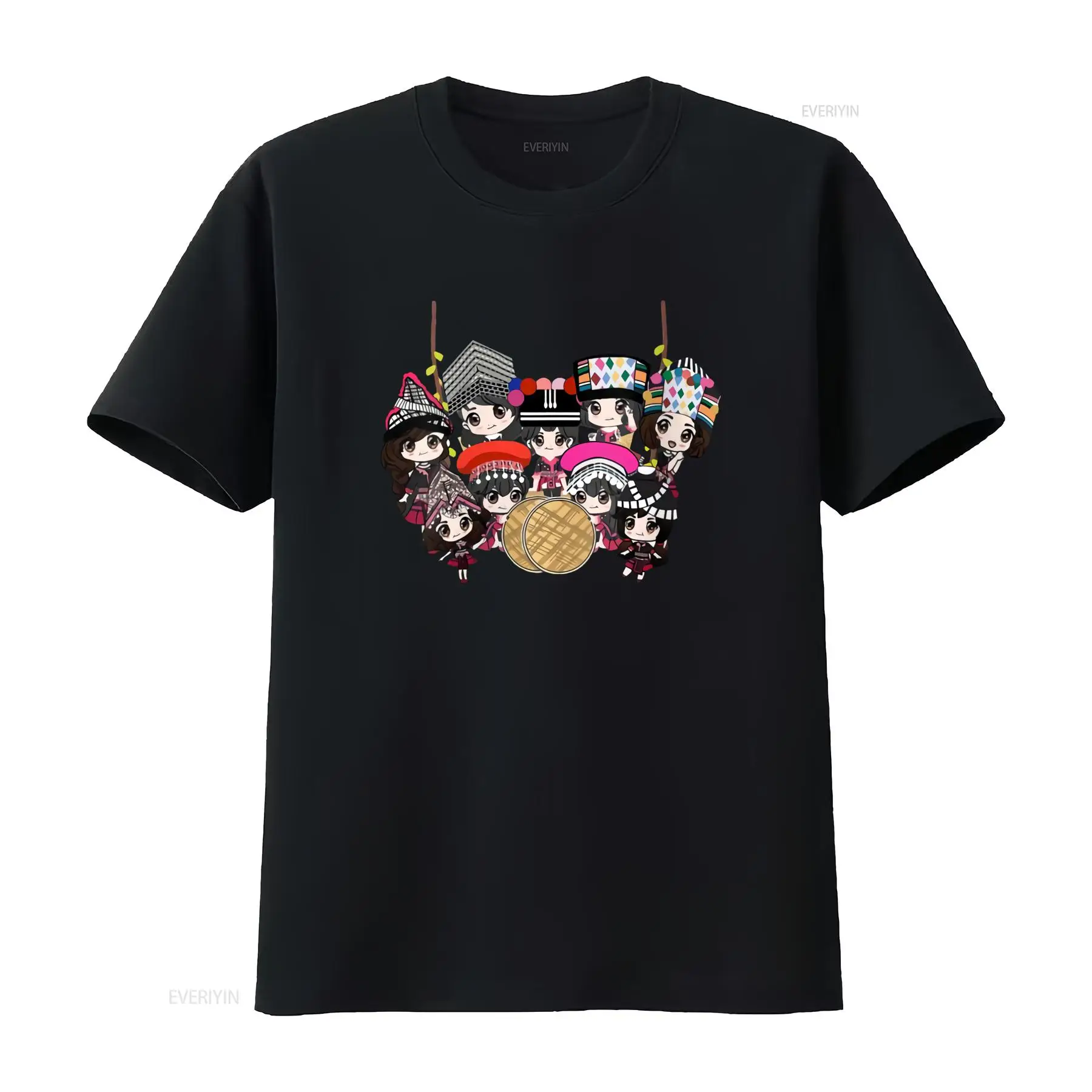 Ethnic Wear Men'S Fashion - 9人のモン族少女の漫画プリントTシャツ U1K5 カラフルなエスニックスタイル、トレンディなファッション、ヴィンテージ風ウォッシュ加工トップス、普段着グラフィック