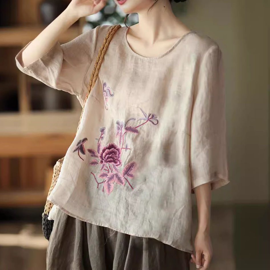Ethnic Fashion For Ladies - プラスサイズの女性の夏のレトロなブラウス綿麻薄手のオフィスレディファッション新着トレンディで快適な