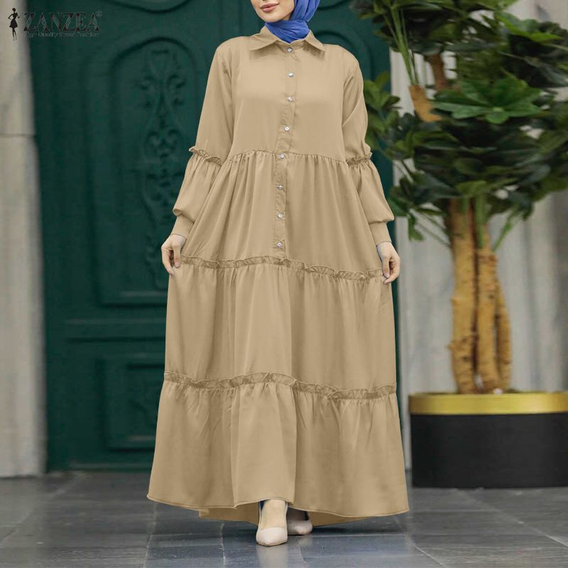 Abaya Modest Wear - ZANZEA イスラム教徒ヒジャービス控えめなロングドレス女性のターンダウンカラー長袖フリルトリムティアードドレスイスラムアバヤローブ 3XL