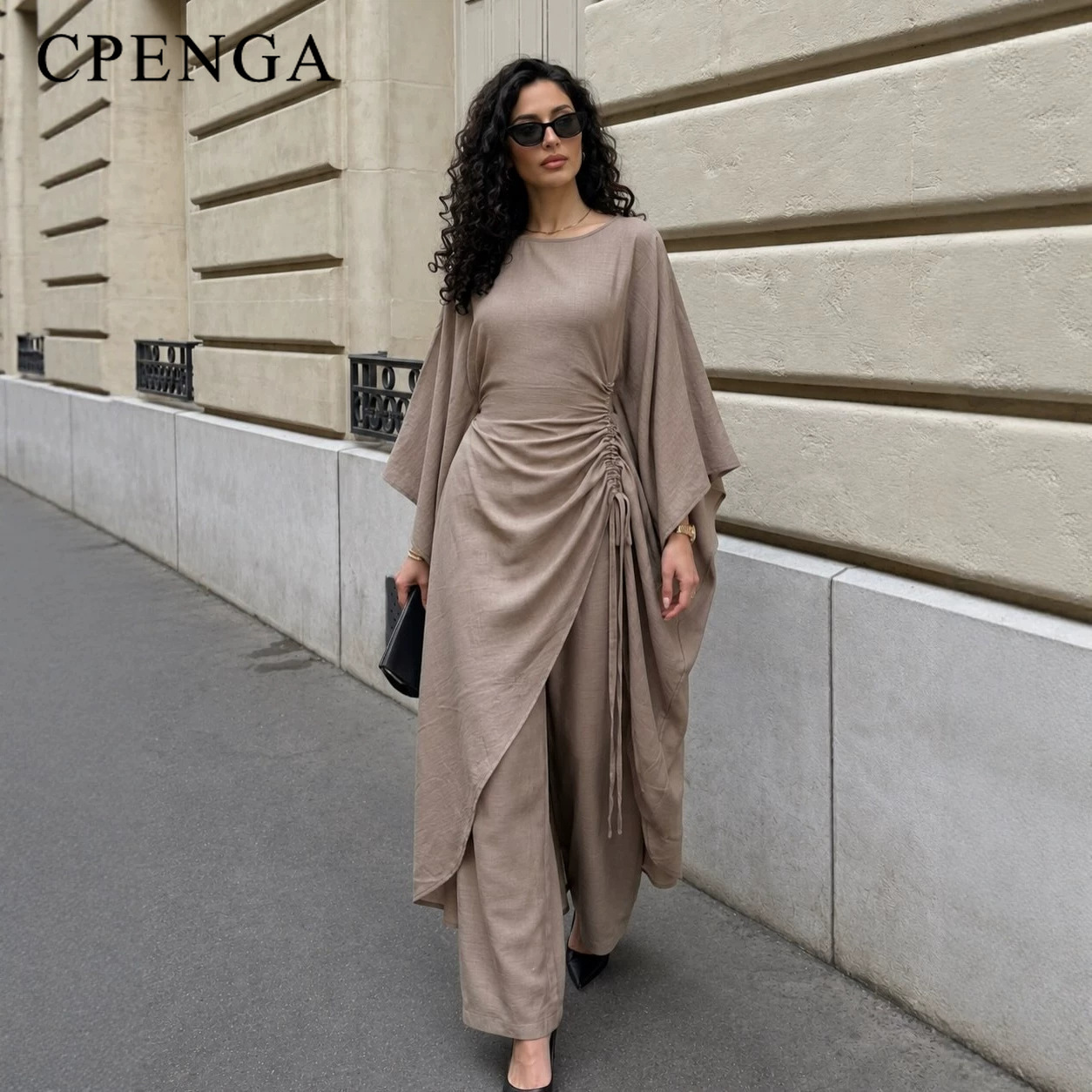 Abaya Modest Wear - 控えめなムスリム女性向け2ピースセット アバヤ バットウィング ドローストリング ルーシュドロングトップ ワイドレッグパンツ