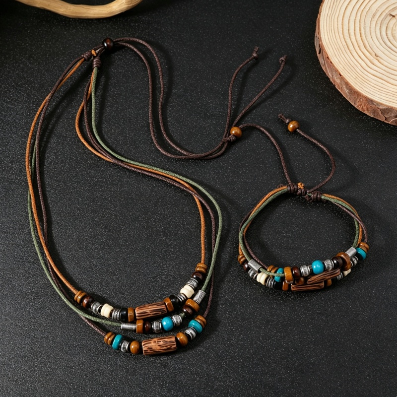 Ethnic Wear Men'S Fashion - ヴィンテージ 2 層フェイクレザーワックスロープジュエリーセット木製ペンダントネックレスブレスレットボヘミアンカジュアルアクセサリーギフト日常着用
