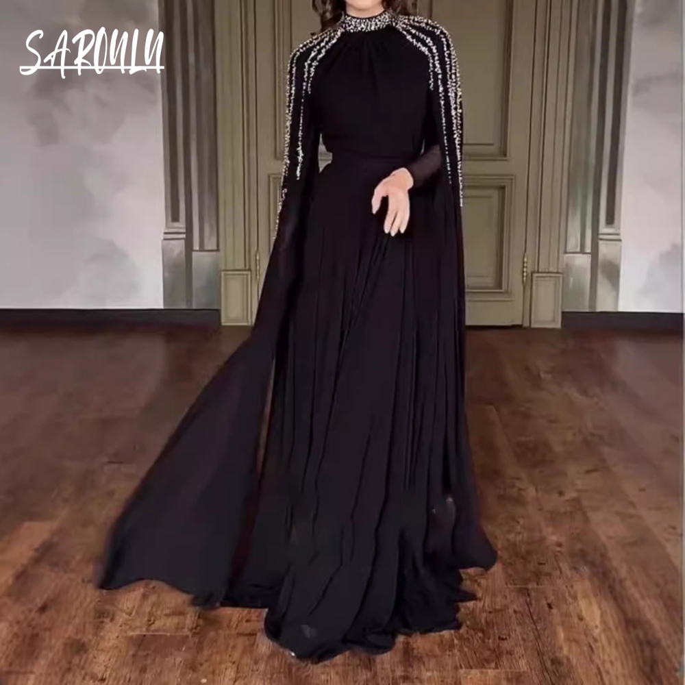 Abaya Modest Wear - 控えめなアラビア風ドバイロングスリーブイブニングドレス、在庫あり、シルバーのディテール、Aライン、フォーマルイベントウェア、クラシックなハイネックプロムガウン