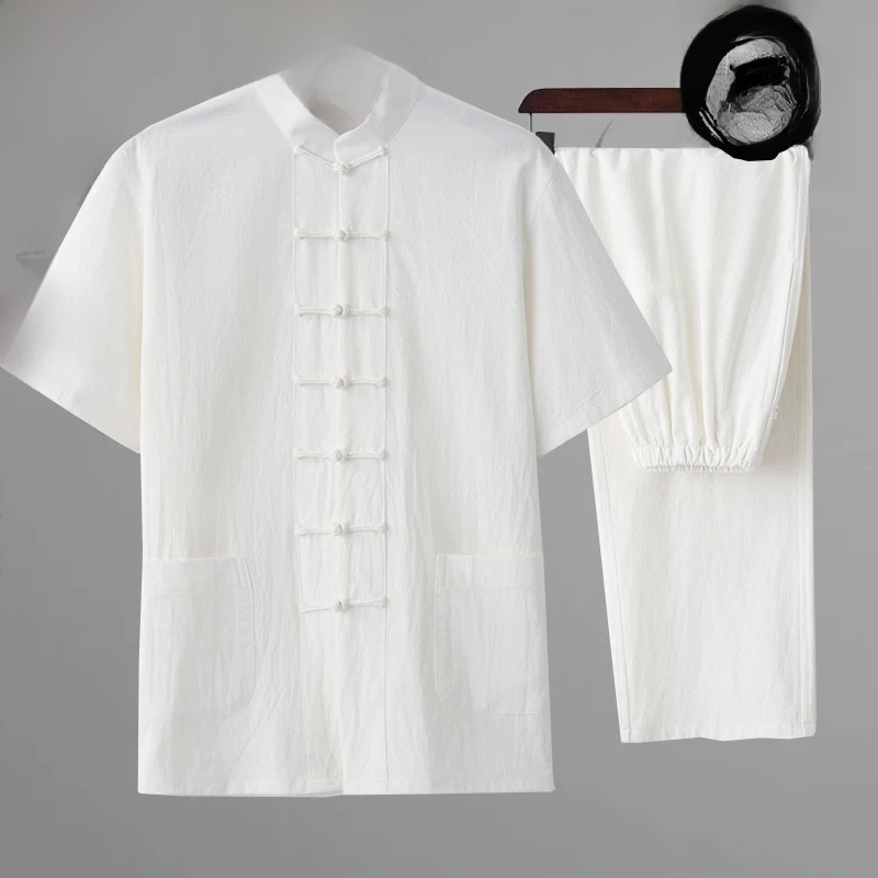 Ethnic Wear Men'S Fashion - 夏用コットンリネン製ユース漢服半袖唐装シャツ、ファッショナブルな男女セット、伝統的な中国民族衣装
