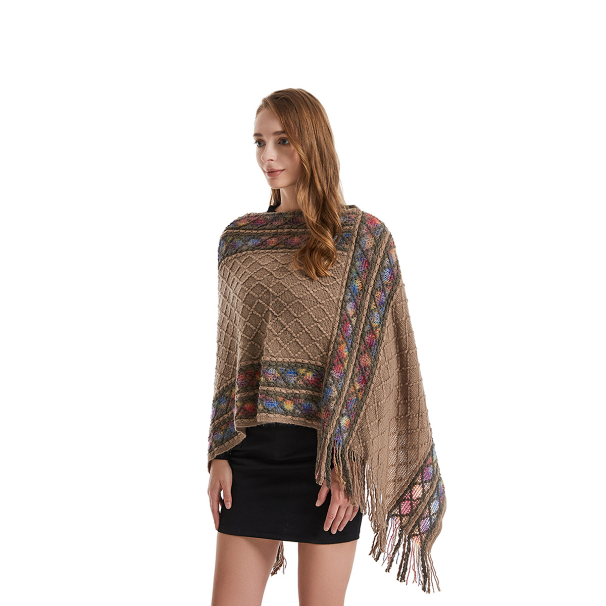 Ethnic Fashion For Ladies - タッセル付きの女性用双方向ニットポンチョ、ユニークなヴィンテージショール、ゆったりとしたエスニックセーター、レトロなスタイルのプルオーバー、女性用ショール、春と秋