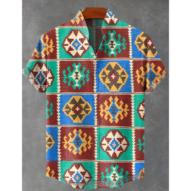 レトロメンズリネンシャツ、エスニック柄プリント半袖トップス、 - Ethnic Wear Men'S Fashion のレビューと価格