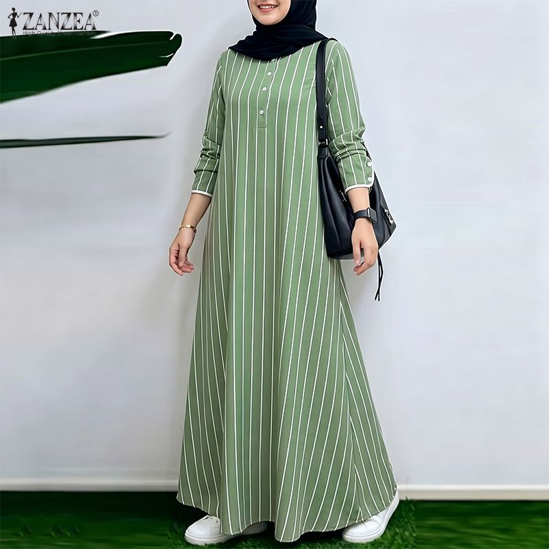 イスラム教徒の控えめなストライプ柄マキシドレス女性カジュアル - Abaya Modest Wear のレビューと価格
