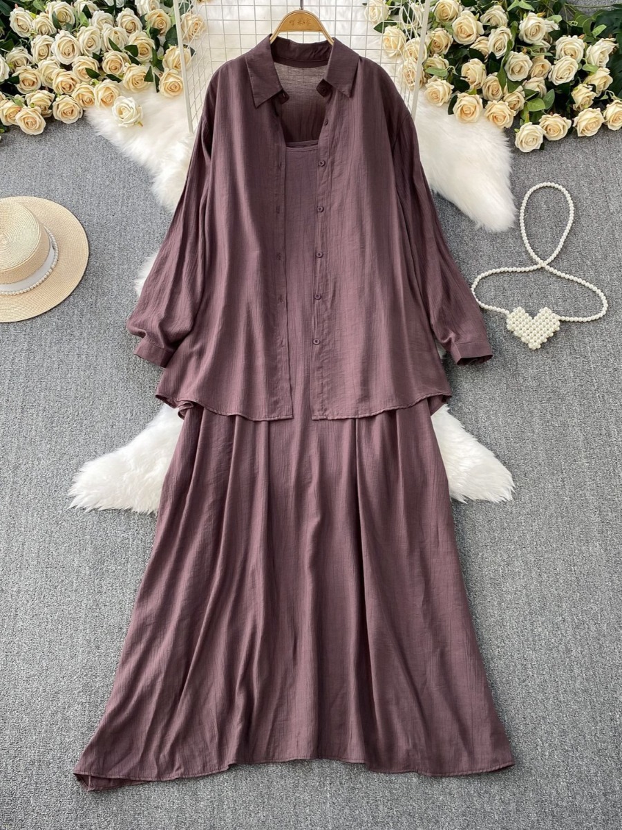 イスラム教徒の女性のシャツドレスツーピースセット固体控えめな - Abaya Modest Wear のレビューと価格