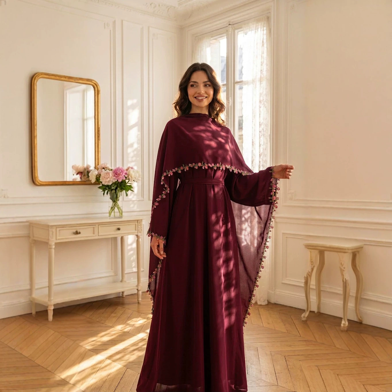 エレガントなピンクのレーストリム付きニダ生地のツーピースアラ - Abaya Modest Wear のレビューと価格