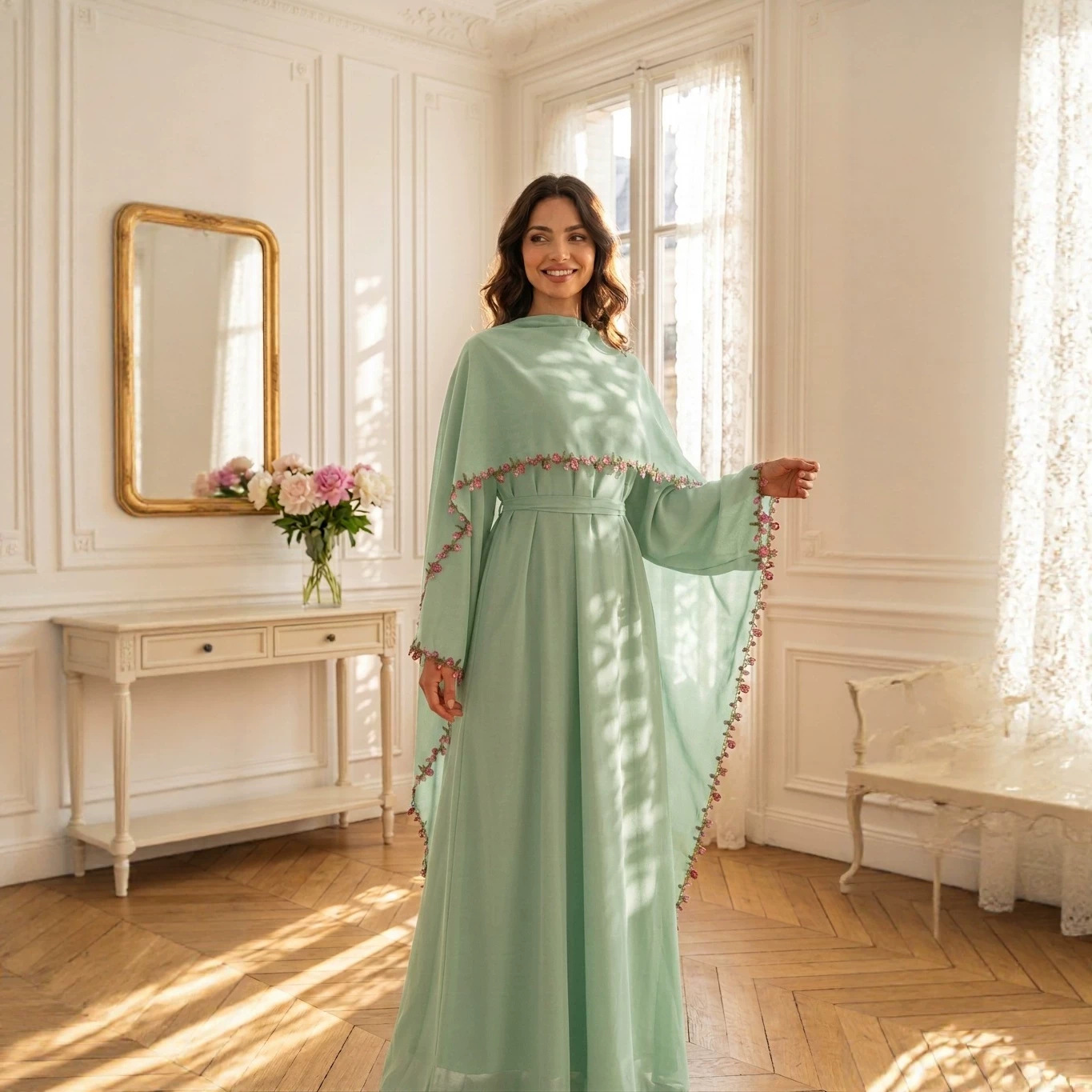 エレガントなピンクのレーストリム付きニダ生地のツーピースアラ - Abaya Modest Wear のレビューと価格