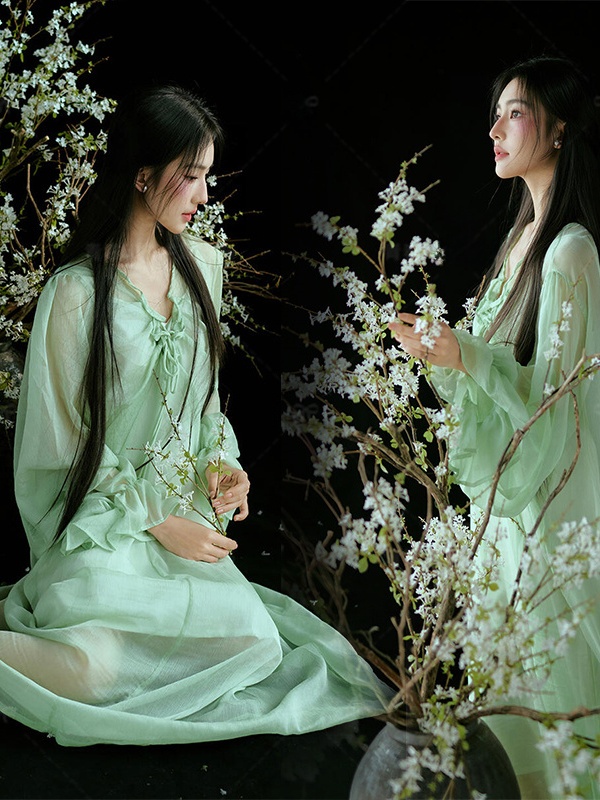 中国風の緑色のドレス伝統的でありながら現代的な改良版漢服写真 - Ethnic Fashion Studio のレビューと価格