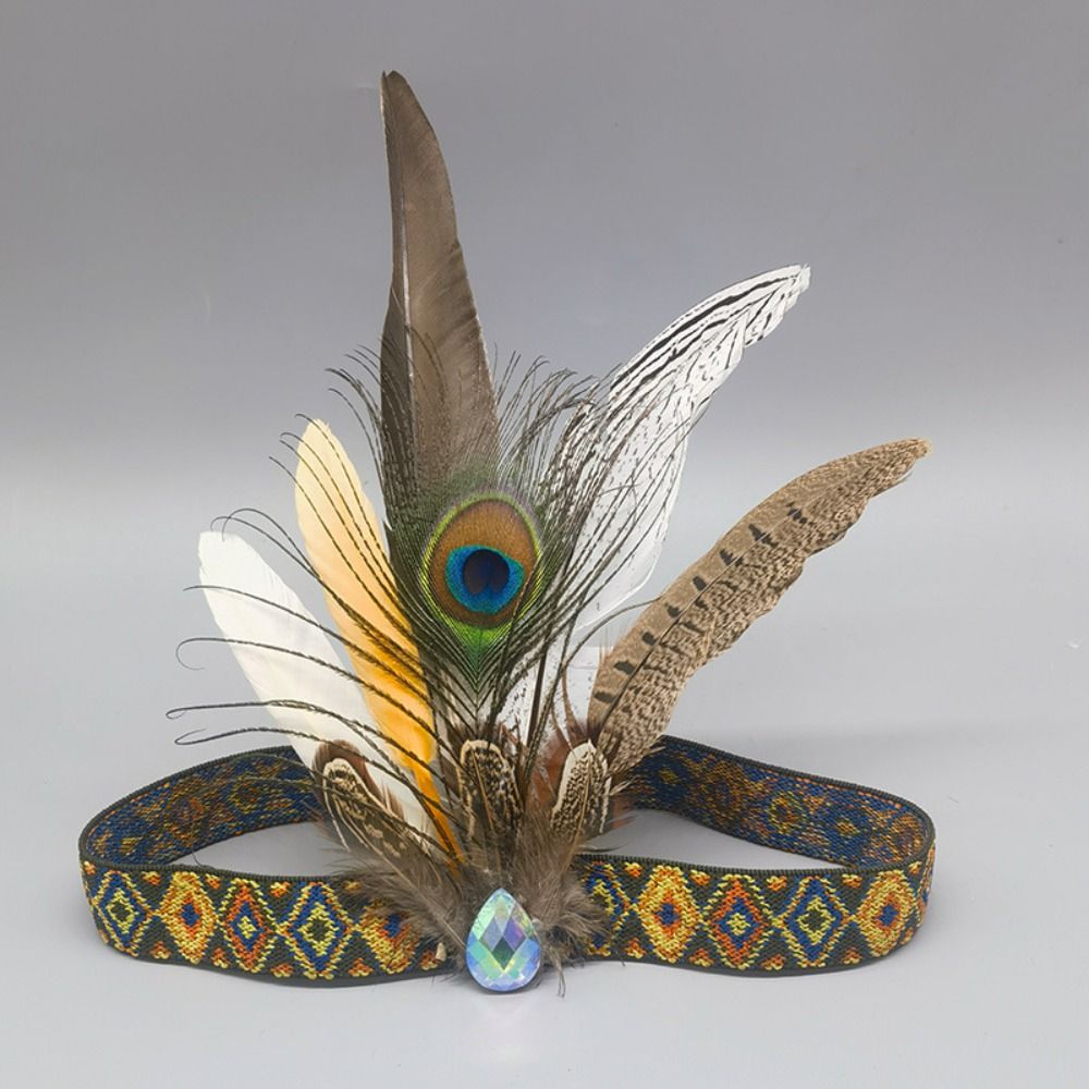 ファッションエスニックスタイルの羽飾り付きヘアバンド カラフ - Ethnic Fashion Show のレビューと価格