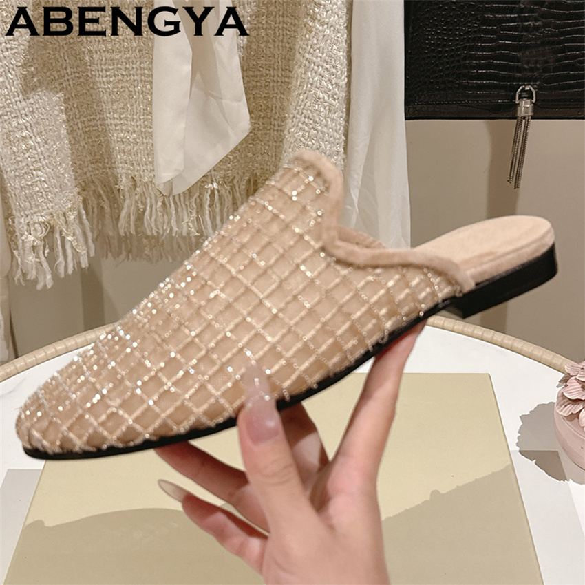 光沢のあるレースメッシュラウンドトゥフラットスリッパ レディ - Ethnic Fashion In のレビューと価格
