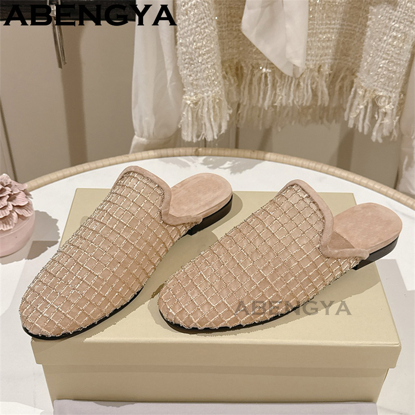 光沢のあるレースメッシュラウンドトゥフラットスリッパ レディ - Ethnic Fashion In のレビューと価格