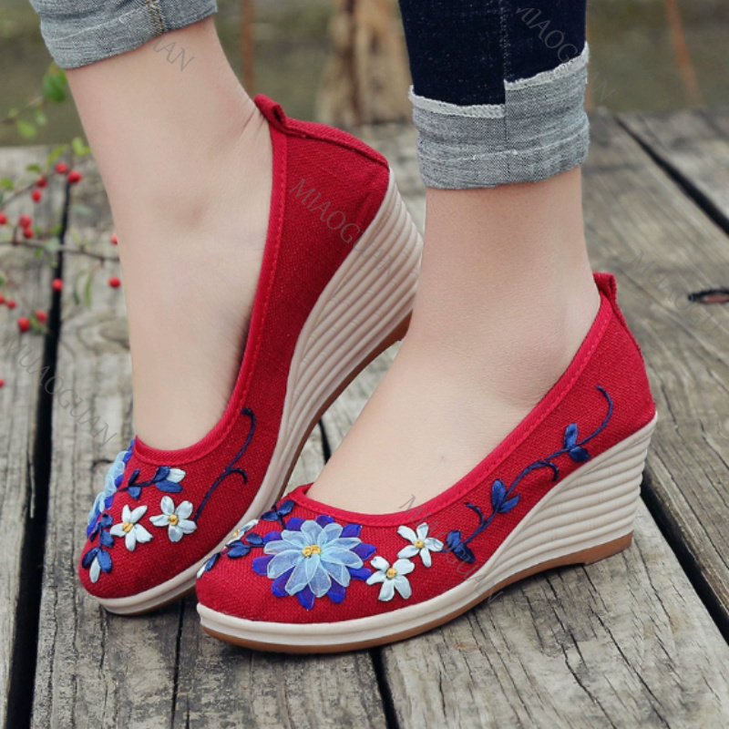 刺繍入り女性用コンフォートウェッジプラットフォームシューズ、 - Ethnic Fashion In のレビューと価格
